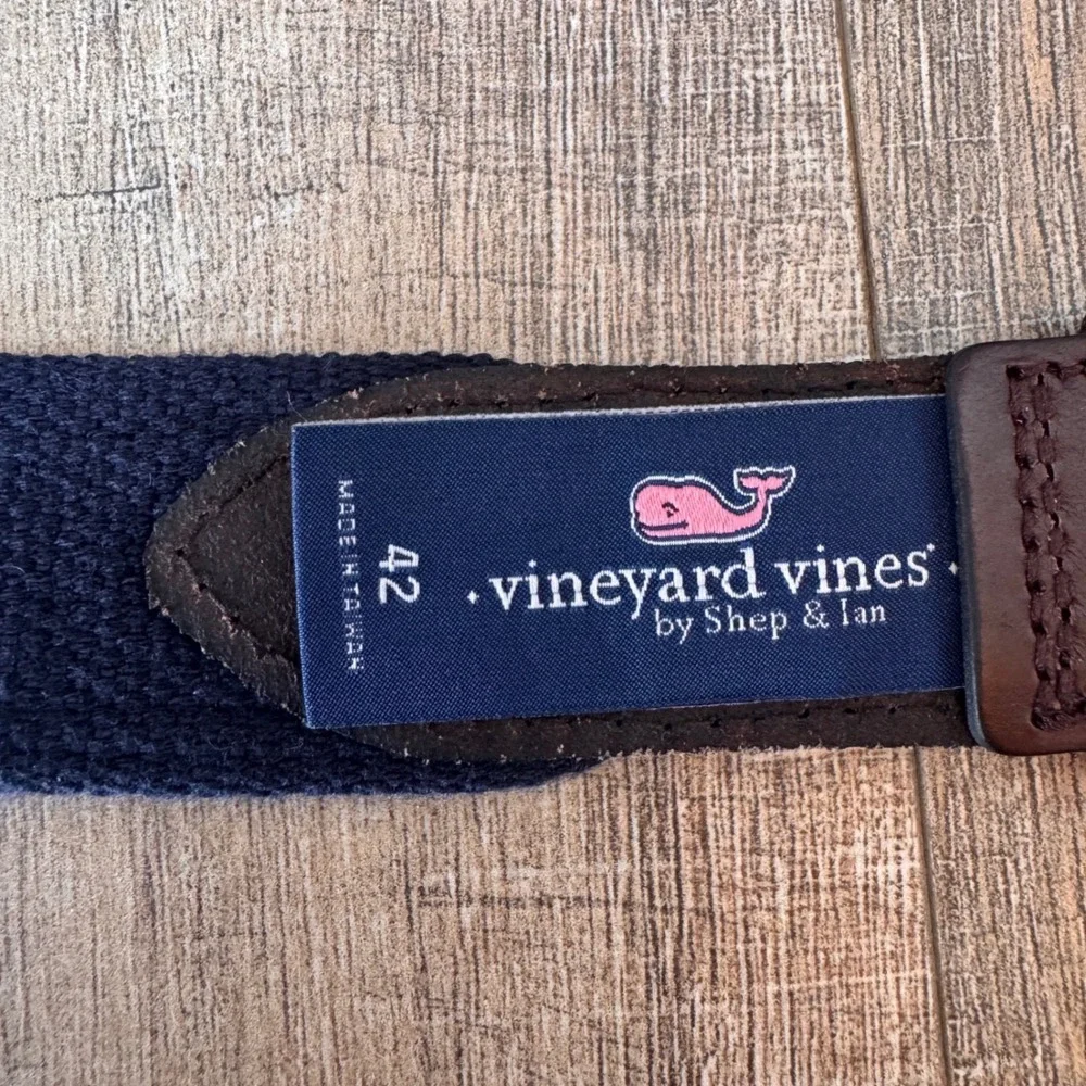 Vineyard Vines Mens 42 Seahorse Silk Canvas Leather Club Belt Navy Blue Preppy